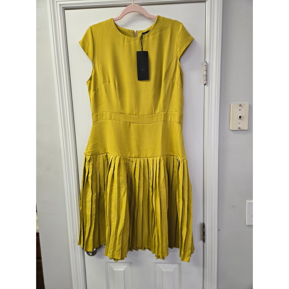 FHQ Collection Mustard Yellow Pleated Midi Dress Drop Waist Cap Sleeve XL  NWT
